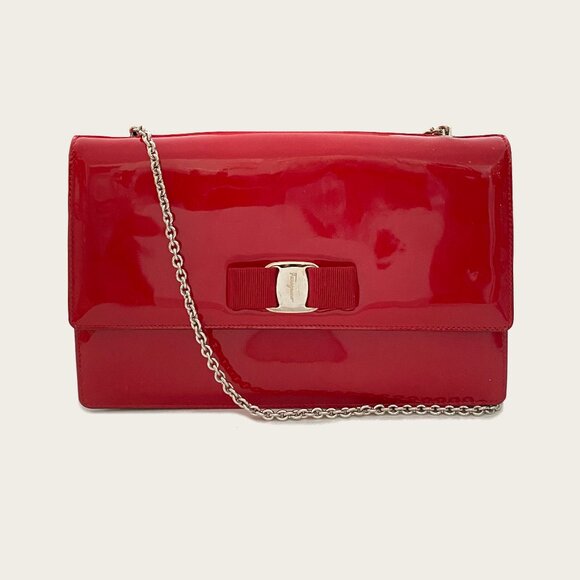 Salvatore Ferragamo Ginny Vara Bow Red Patent Leather Bag - Picture 1 of 11